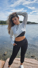 Load image into Gallery viewer, Black Track Pants + Light Grey Cropped Hoodie