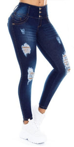Mariana Push Up Jeans - Mid Rise - Deep Blue Ripped