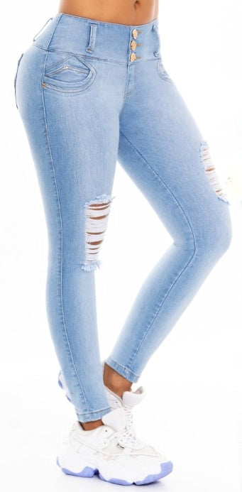 Nieve Push Up Jeans - Mid Rise - Light Blue Ripped