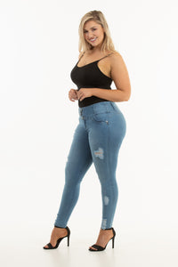 Margarita Push Up Jeans - Mid Rise - Light Blue Ripped