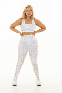 High Waisted - Body Shaping Leggings - Beige Python + Sports Top